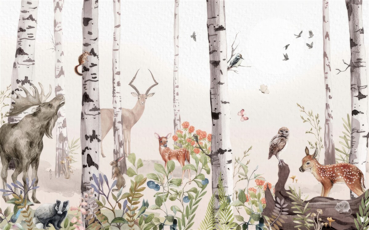 Fotobehang dieren lopen tussen de bomen in het bos