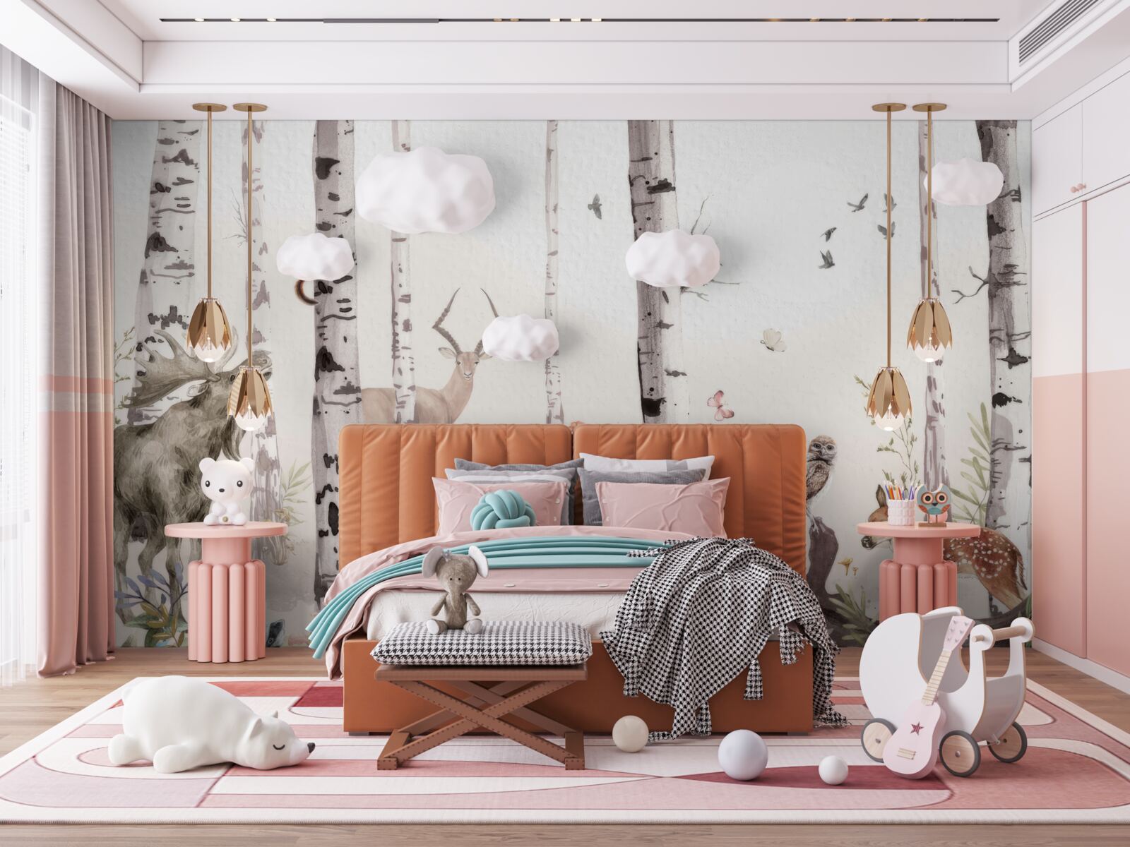 Fotobehang dieren lopen tussen de bomen in het bos