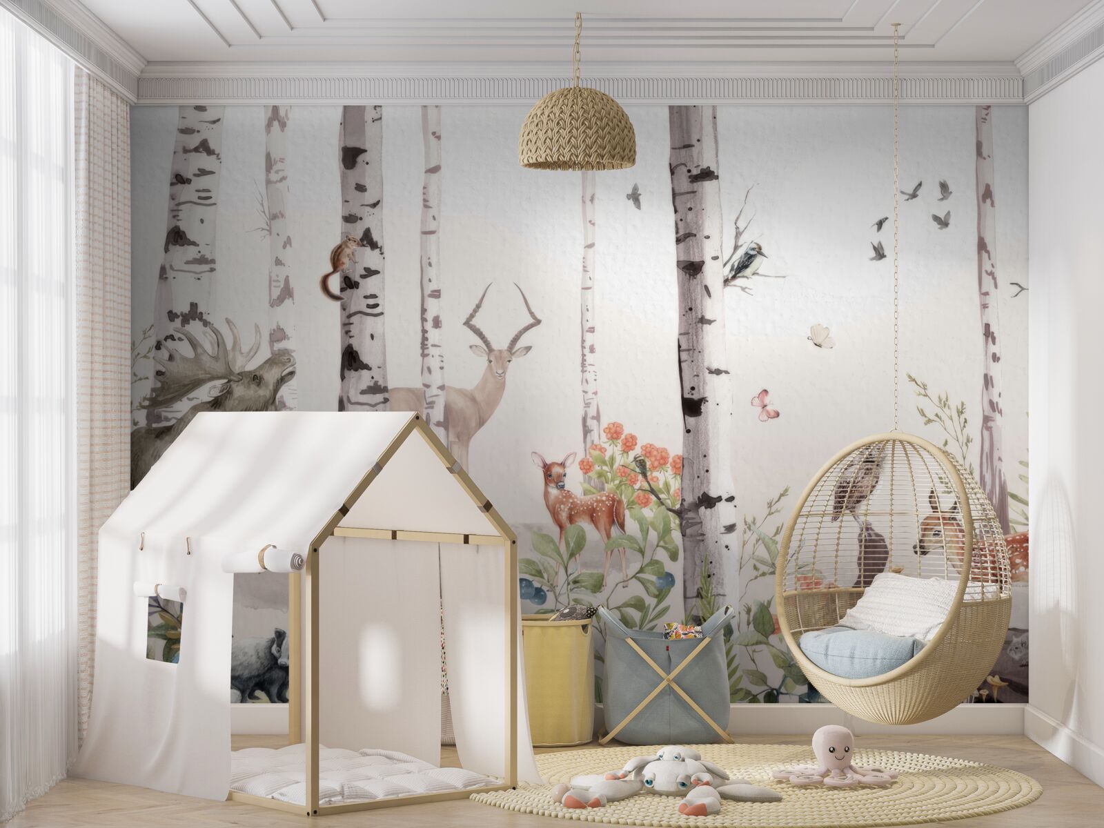 Fotobehang dieren lopen tussen de bomen in het bos