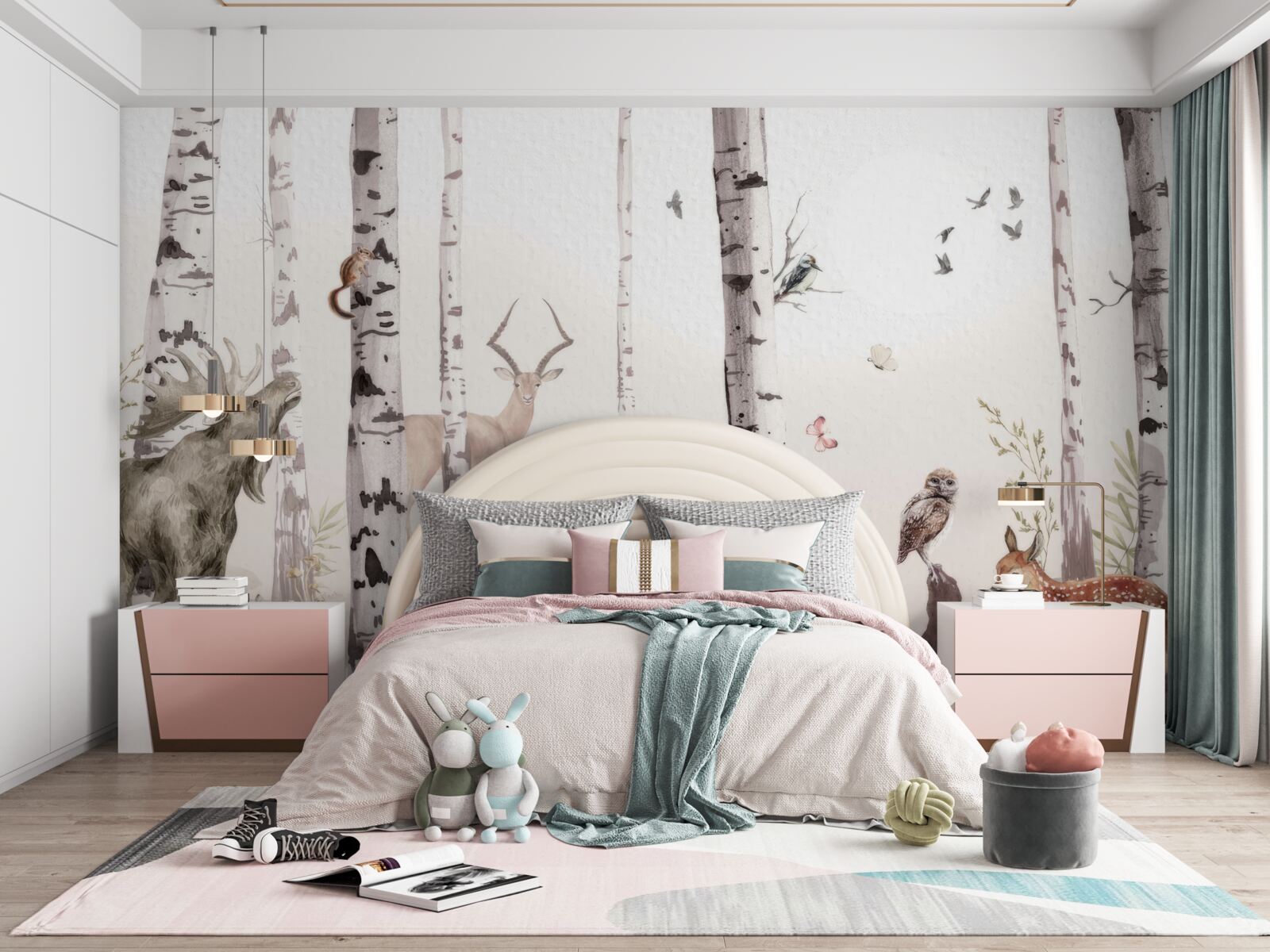 Fotobehang dieren lopen tussen de bomen in het bos