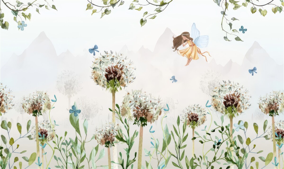 Fotobehang de tovenares zweeft over de bloemen