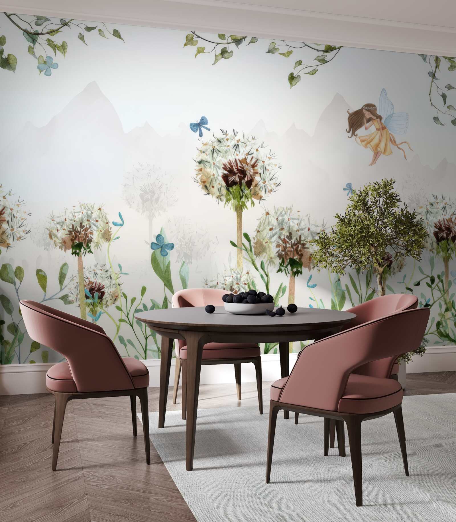 Fotobehang de tovenares zweeft over de bloemen