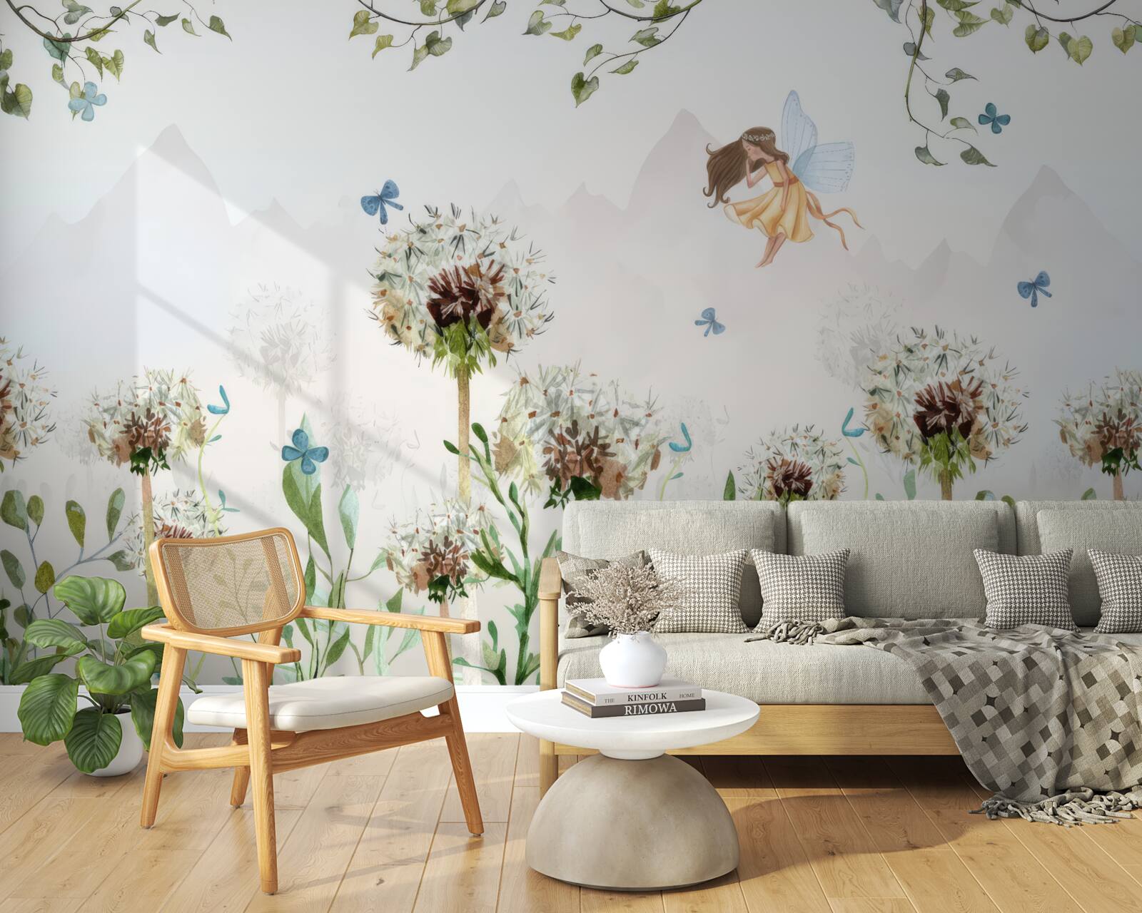 Fotobehang de tovenares zweeft over de bloemen