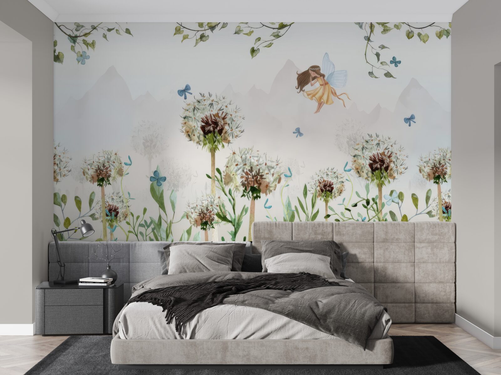 Fotobehang de tovenares zweeft over de bloemen