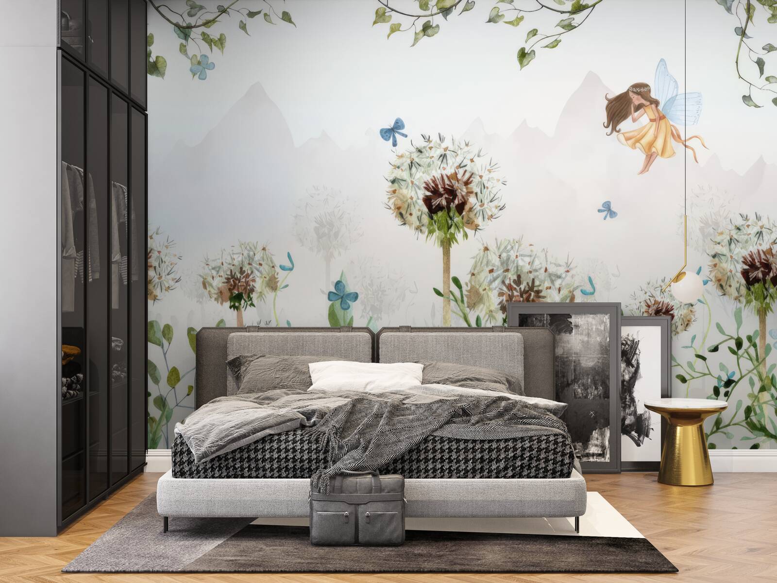 Fotobehang de tovenares zweeft over de bloemen