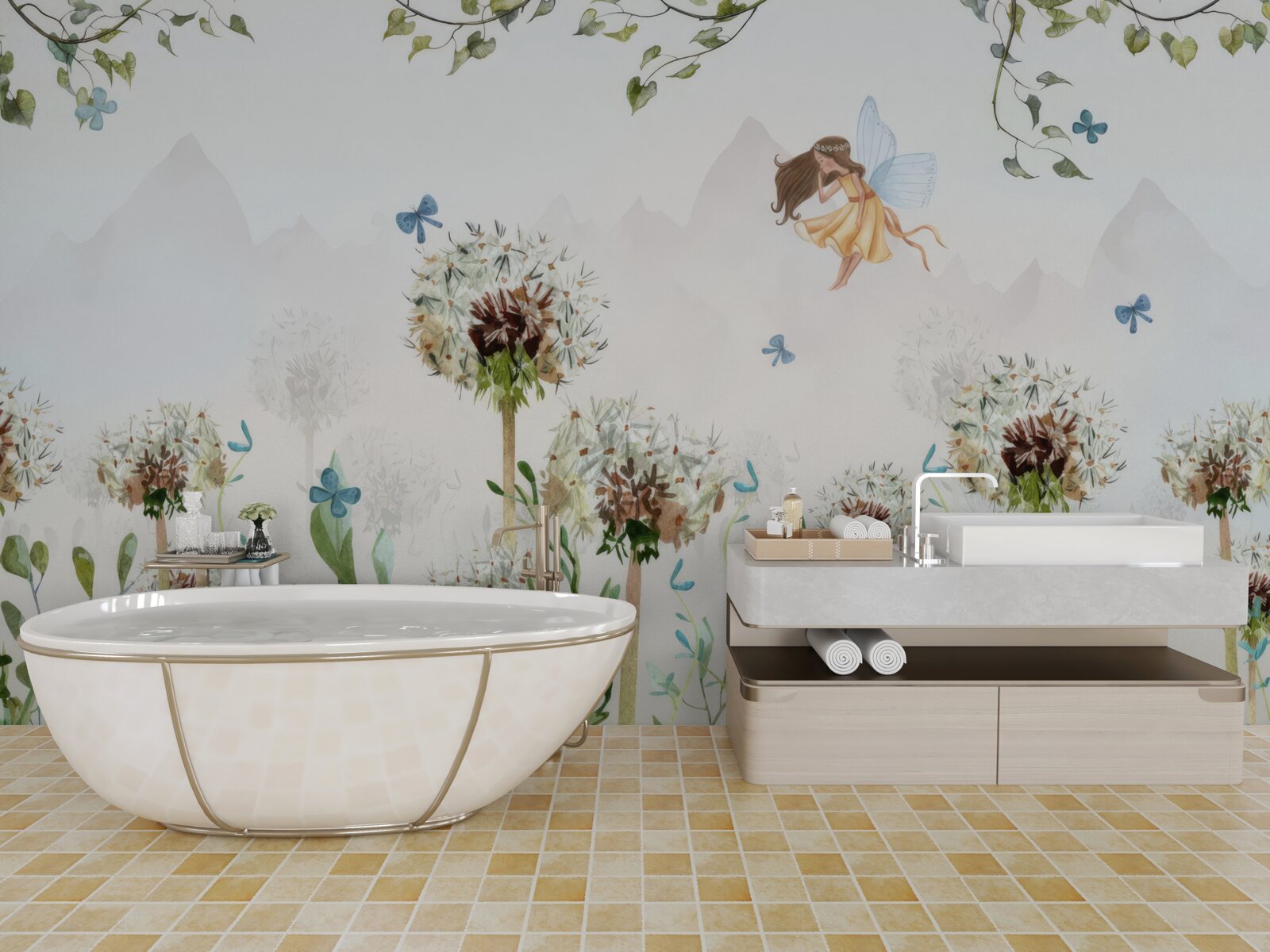 Fotobehang de tovenares zweeft over de bloemen