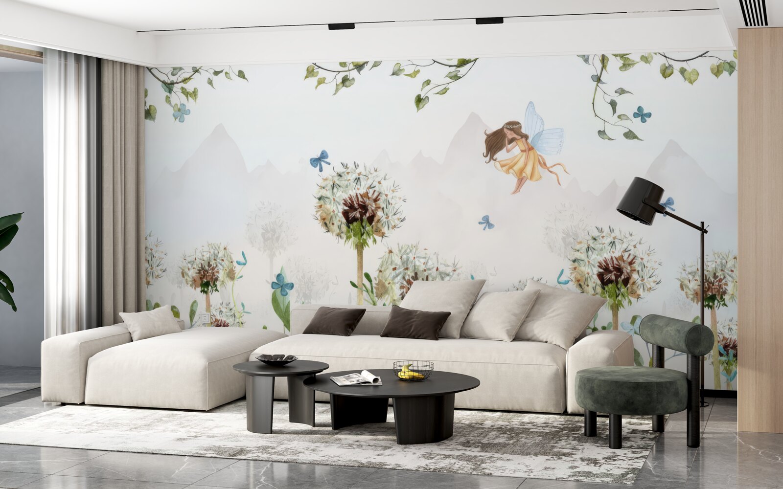 Fotobehang de tovenares zweeft over de bloemen