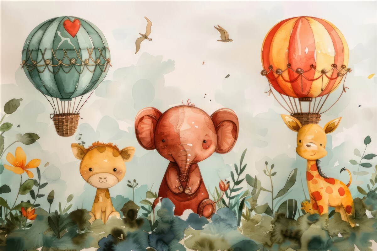 Fotobehang dieren zijn te zien op de achtergrond van de ballonnen