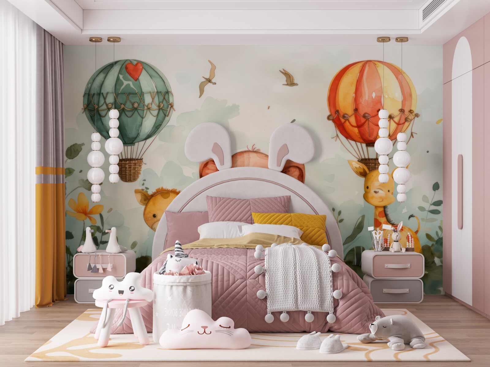 Fotobehang dieren zijn te zien op de achtergrond van de ballonnen