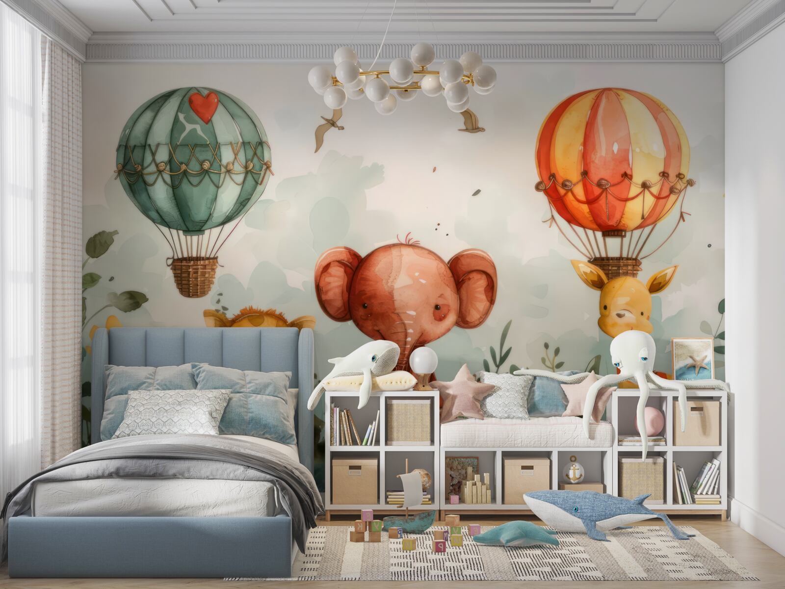 Fotobehang dieren zijn te zien op de achtergrond van de ballonnen