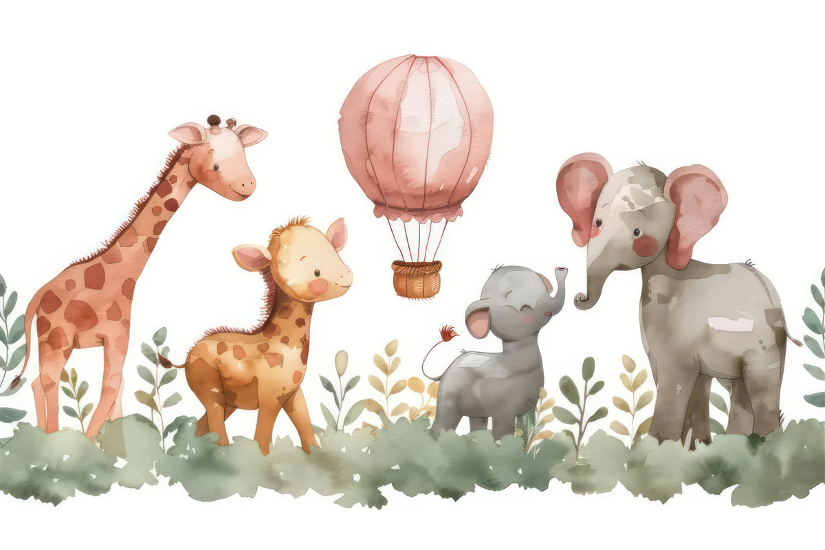 Fotobehang babyolifanten en -giraffen