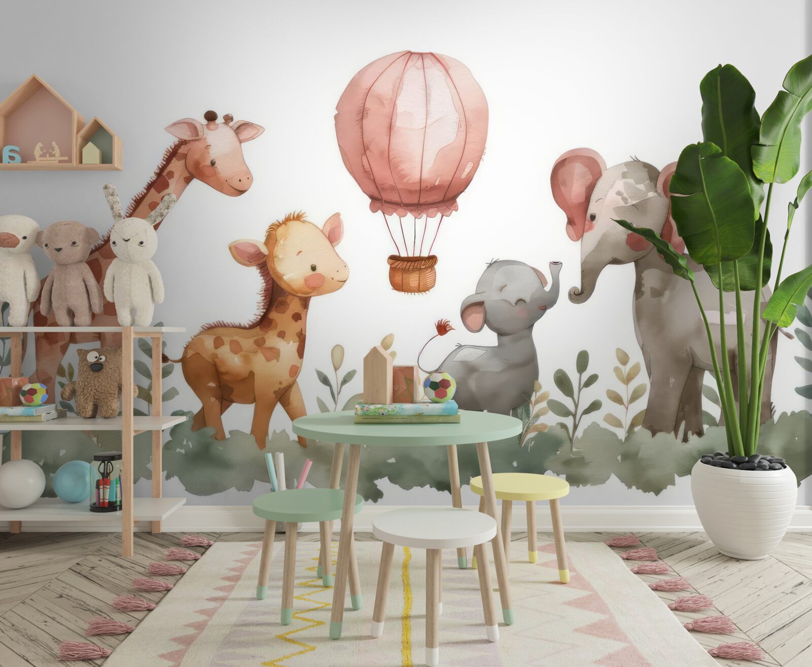 Fotobehang babyolifanten en -giraffen