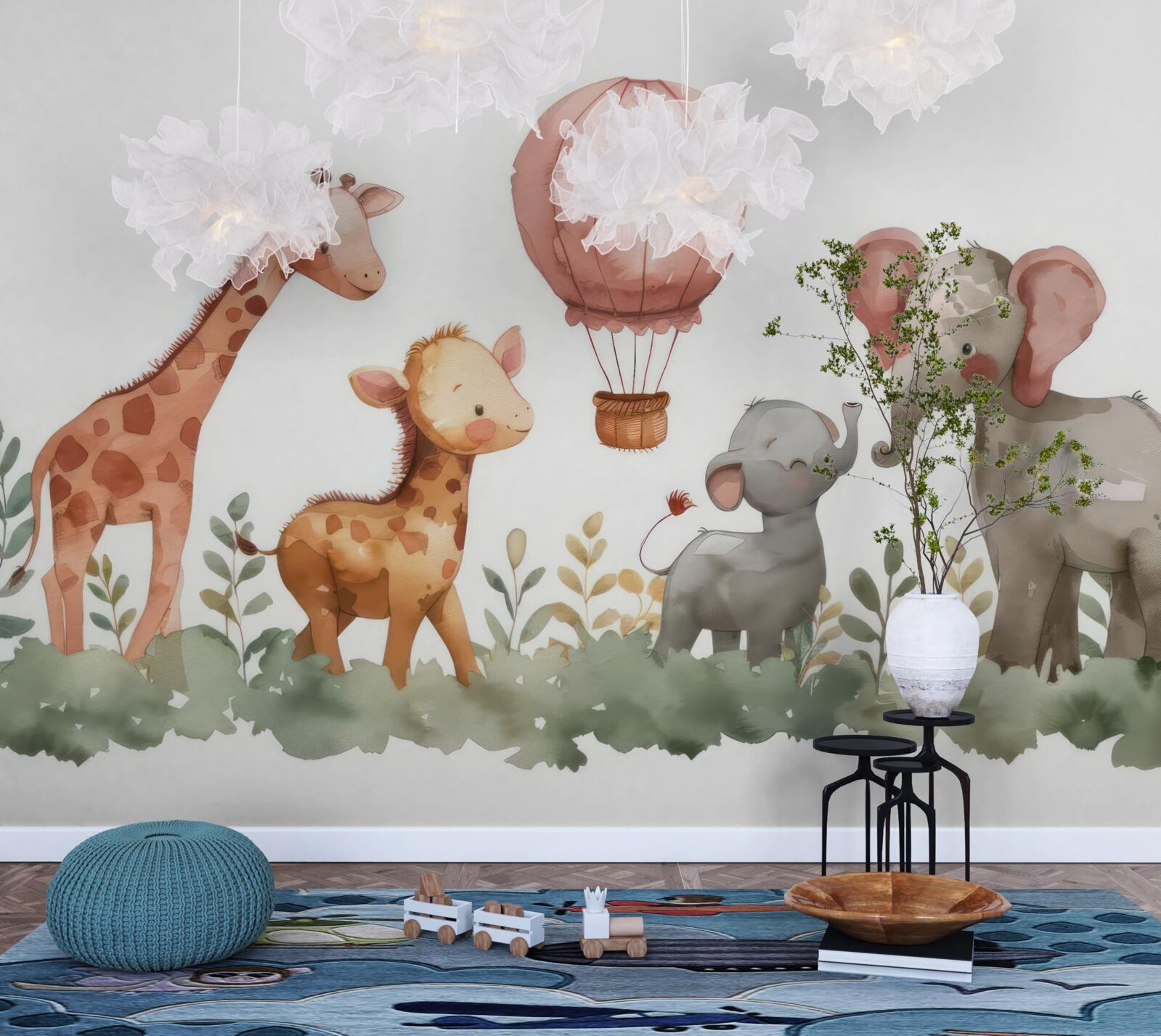 Fotobehang babyolifanten en -giraffen