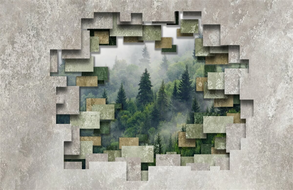 Fotobehang Muur in de ruïnes en naaldbomen in het bos