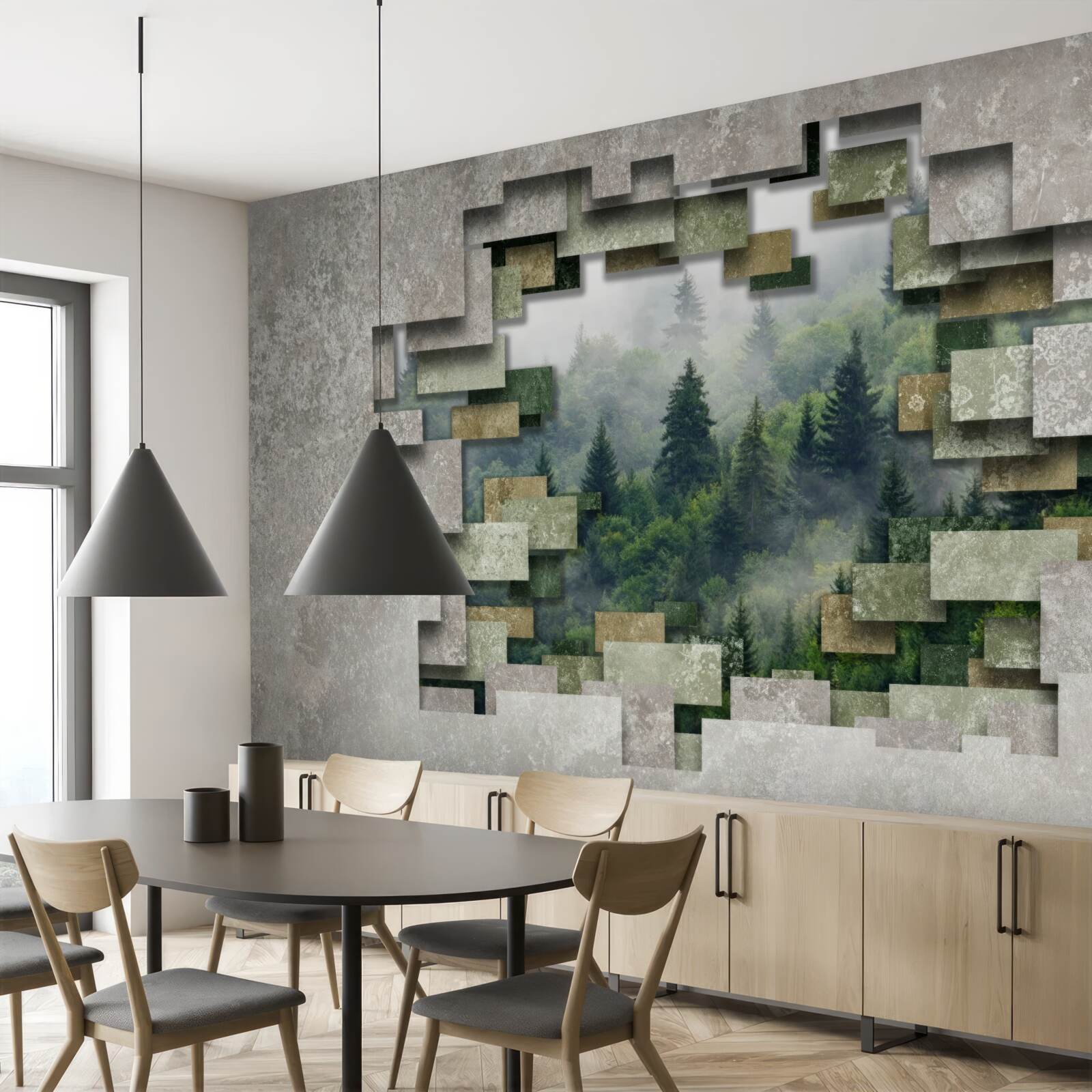 Fotobehang Muur in de ruïnes en naaldbomen in het bos