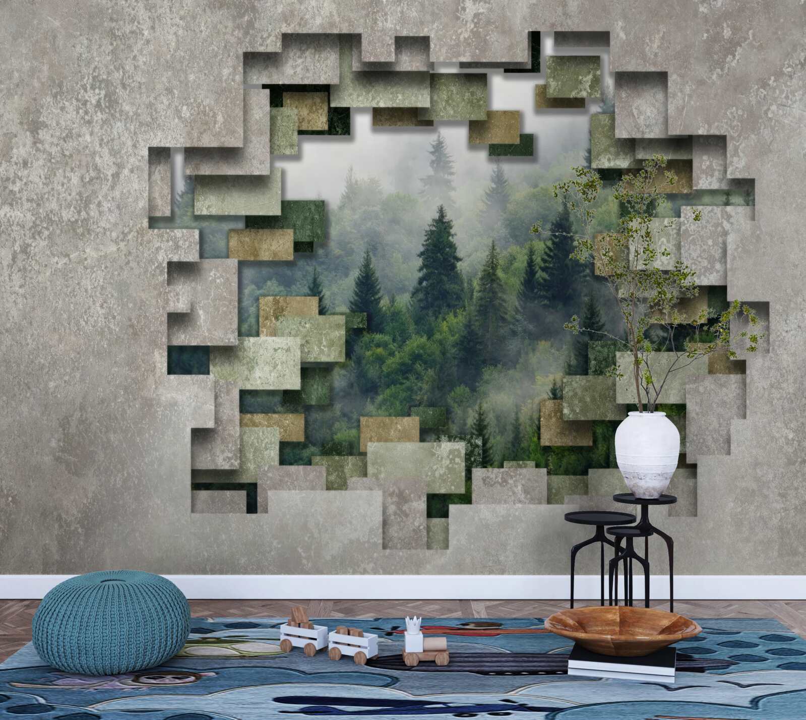 Fotobehang Muur in de ruïnes en naaldbomen in het bos