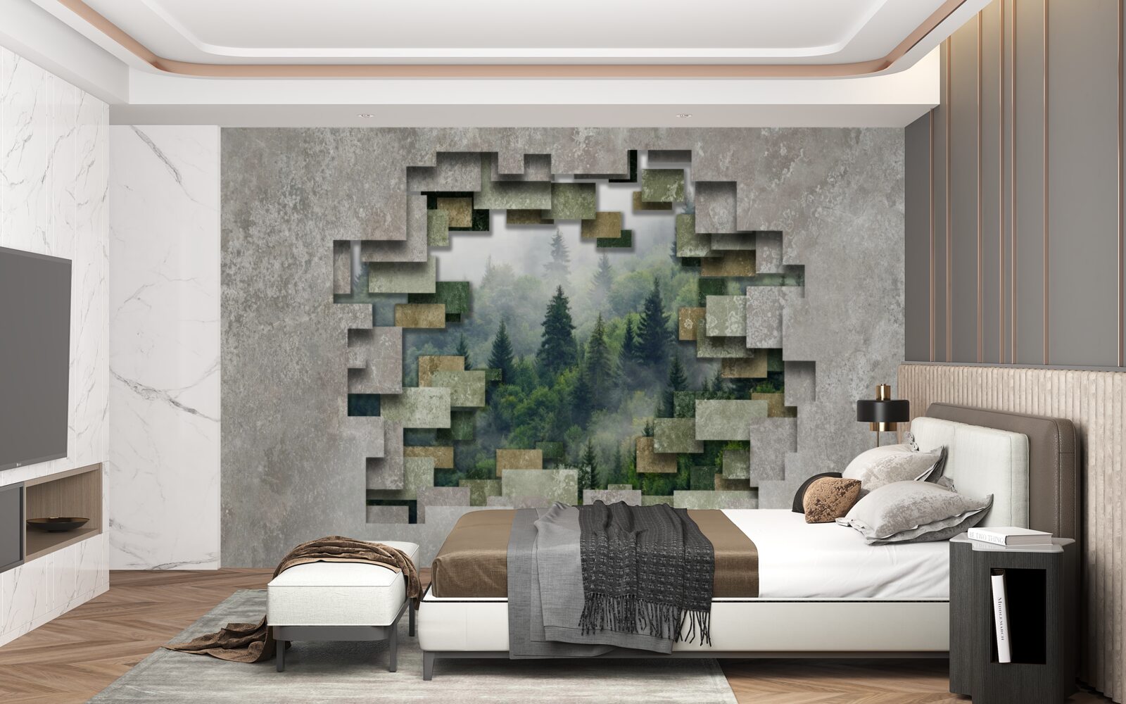 Fotobehang Muur in de ruïnes en naaldbomen in het bos