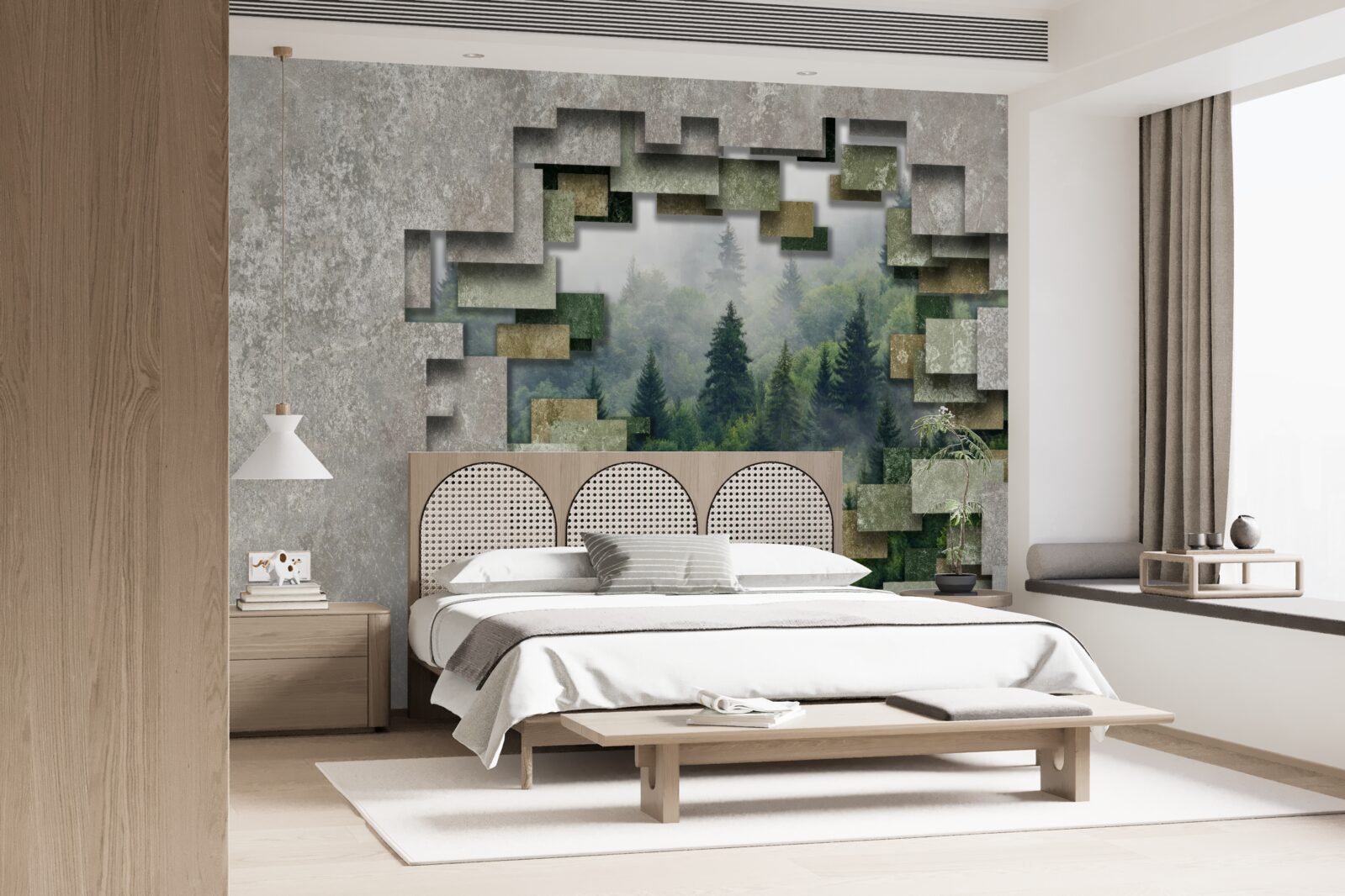 Fotobehang Muur in de ruïnes en naaldbomen in het bos