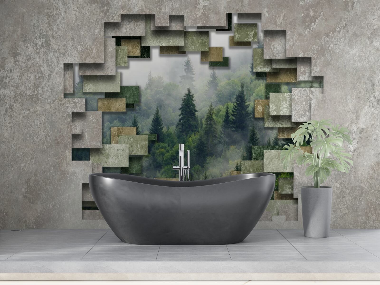 Fotobehang Muur in de ruïnes en naaldbomen in het bos