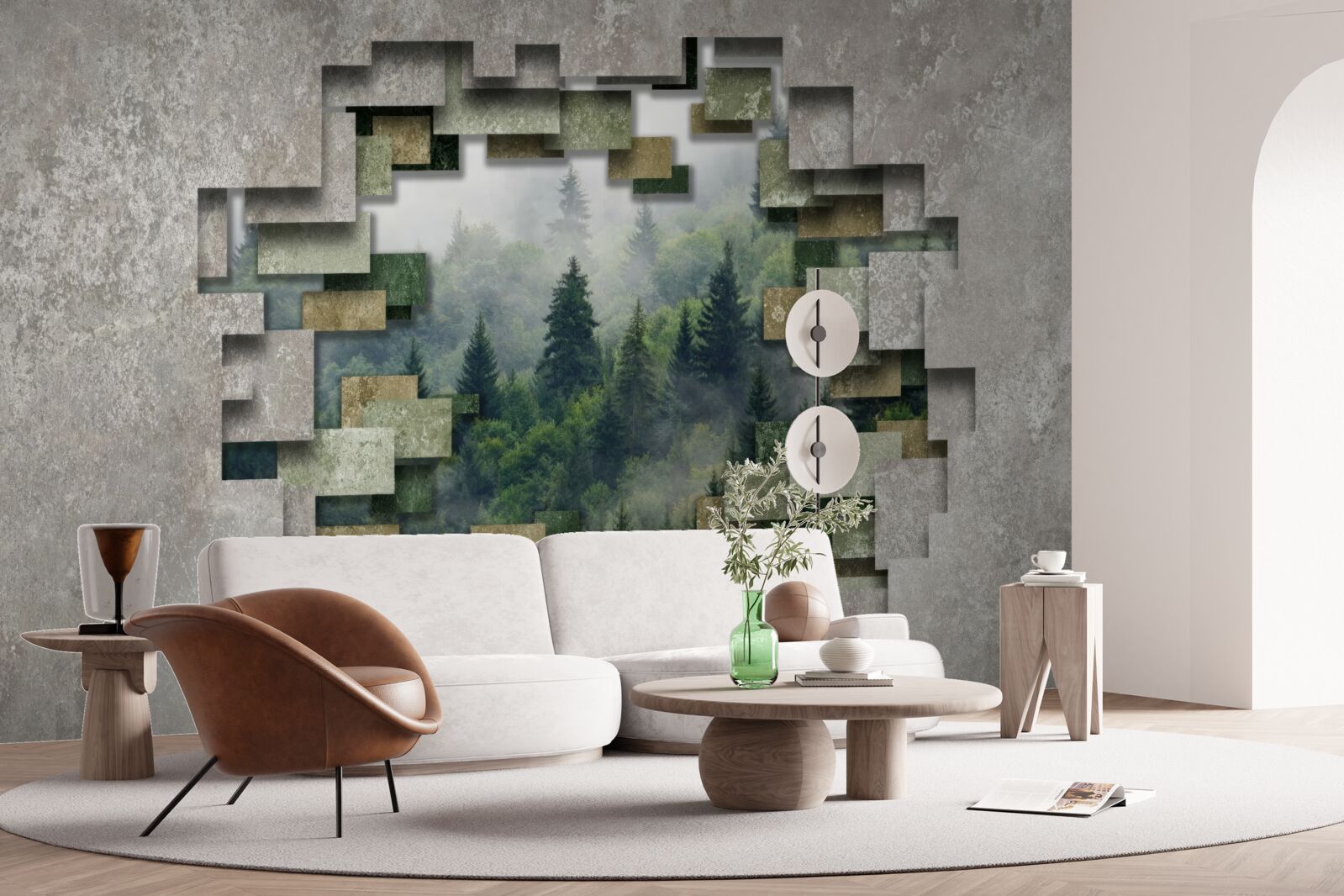 Fotobehang Muur in de ruïnes en naaldbomen in het bos