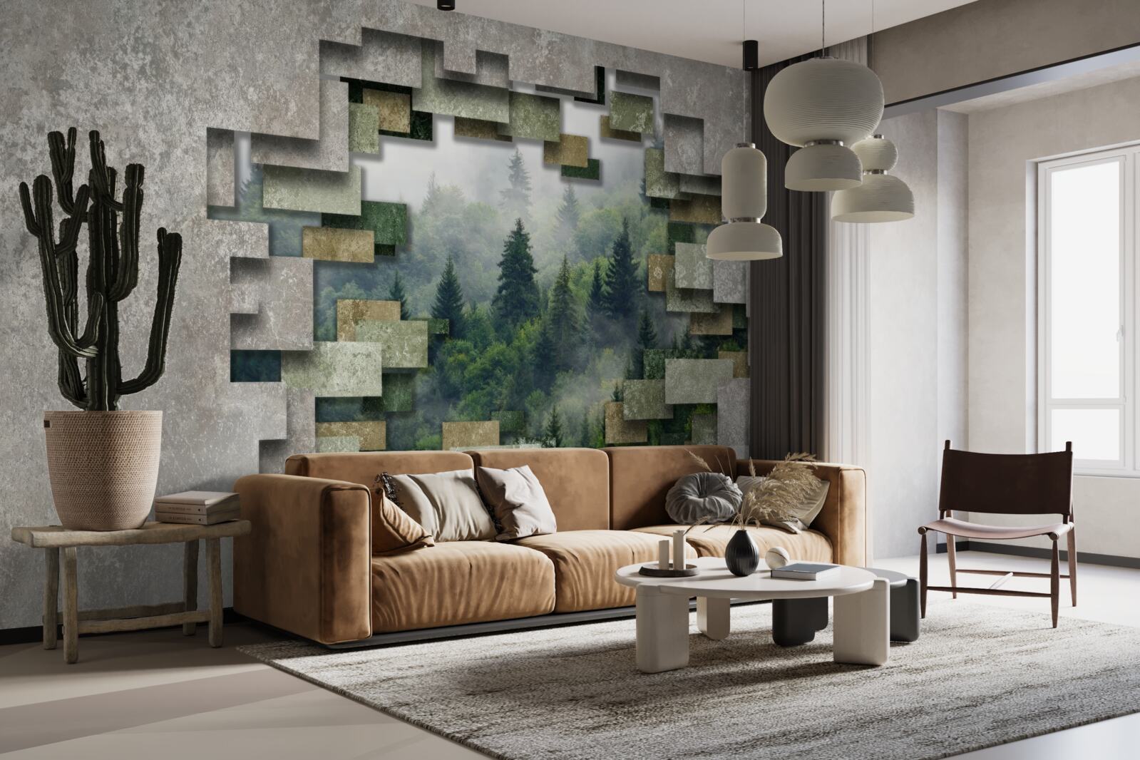 Fotobehang Muur in de ruïnes en naaldbomen in het bos