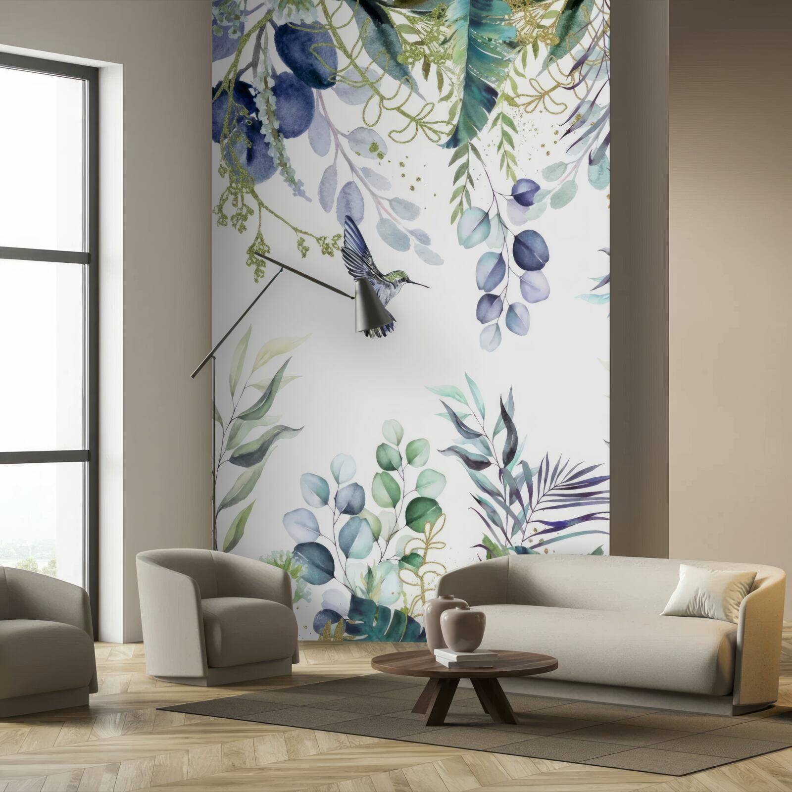 Fotobehang planten worden omringd door kolibries