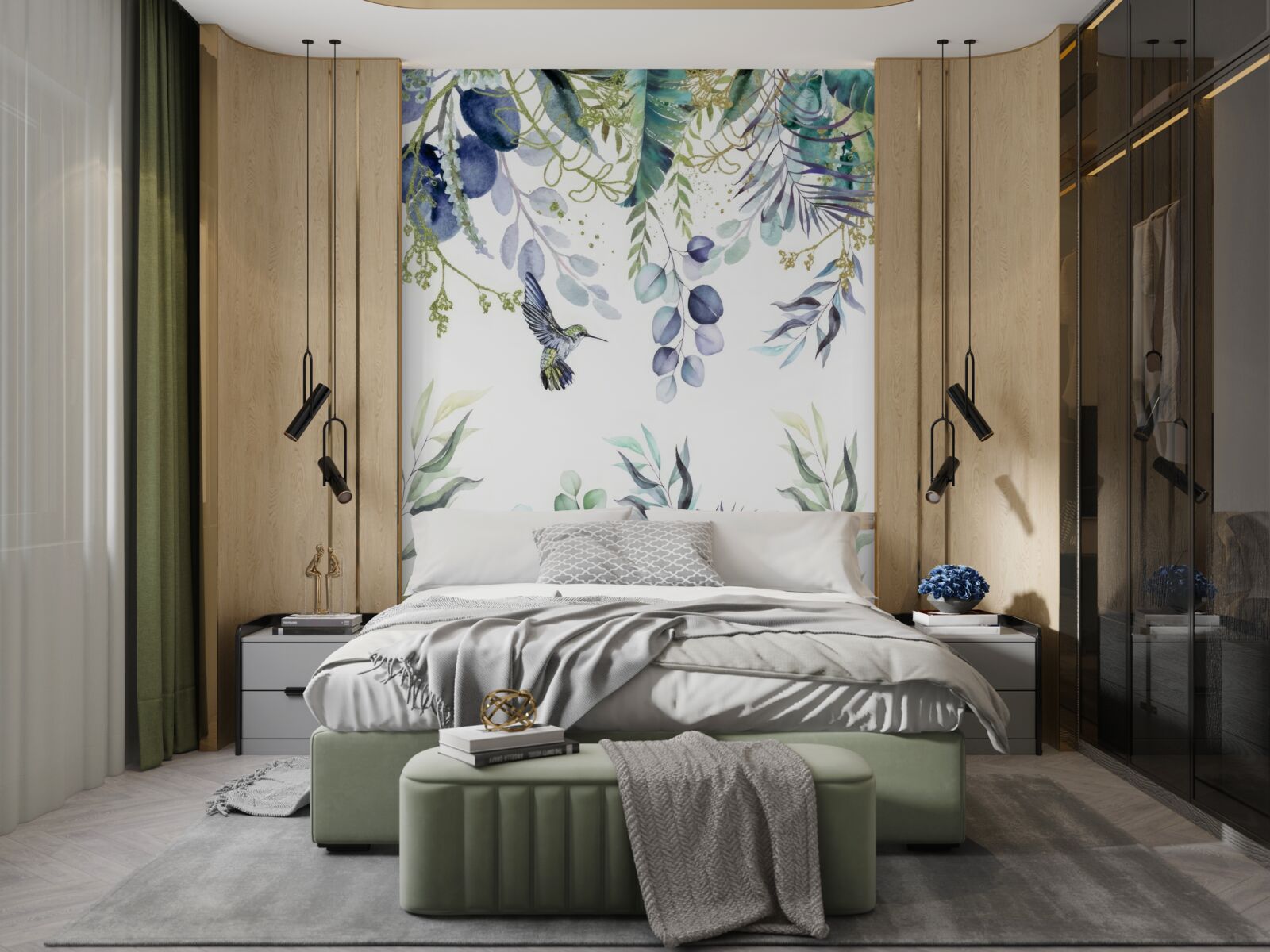 Fotobehang planten worden omringd door kolibries