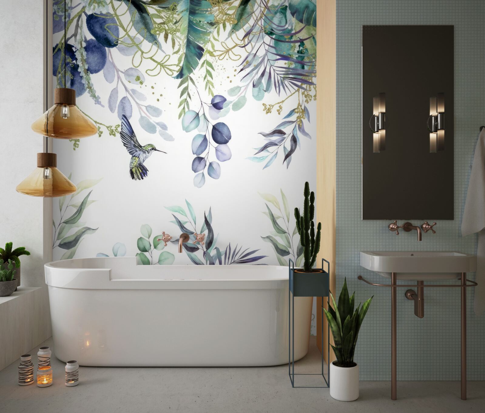 Fotobehang planten worden omringd door kolibries