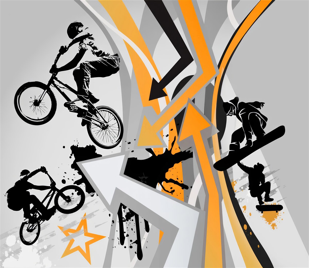 Fotobehang jongeren fietsen en skateboarden