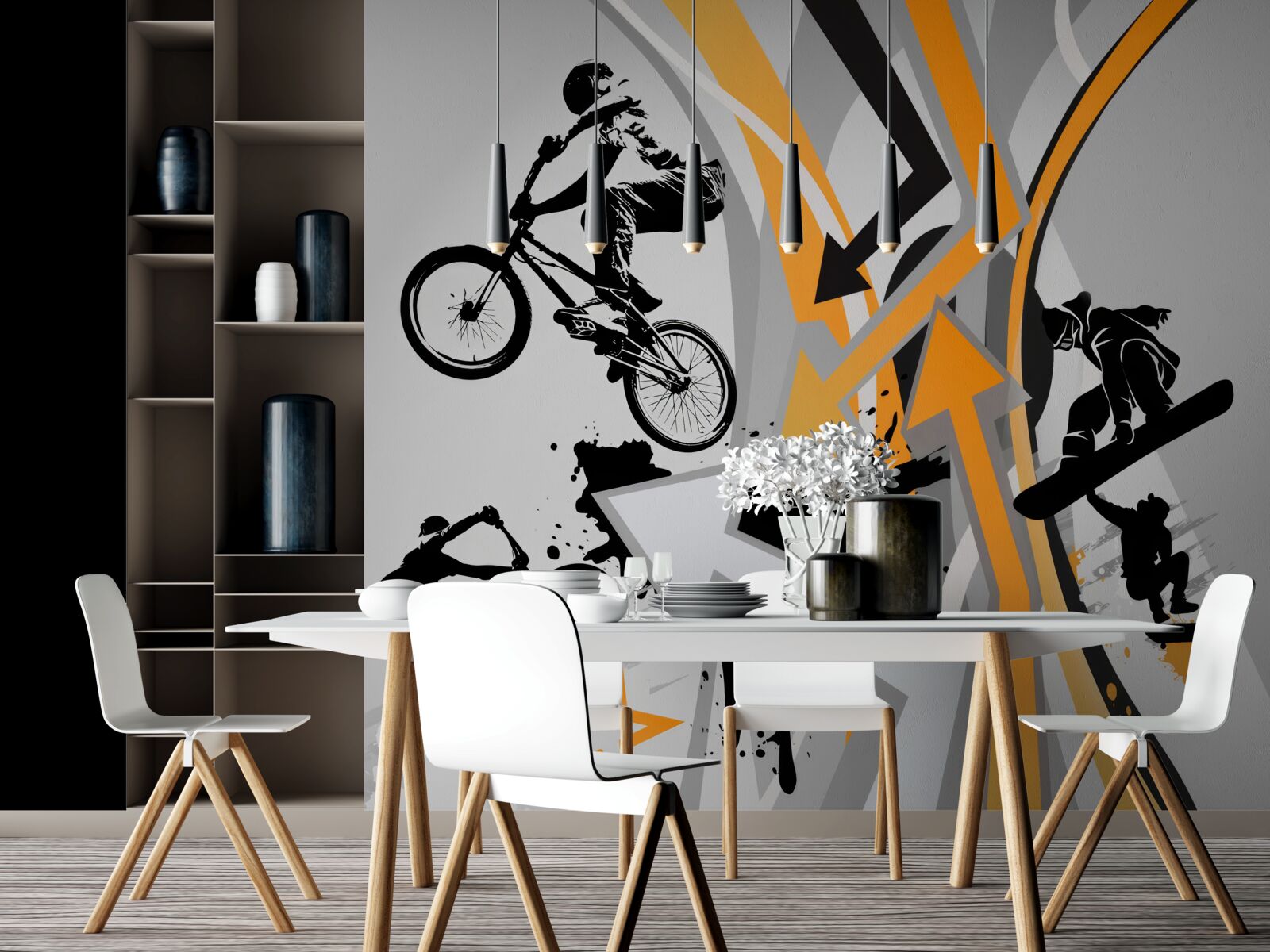 Fotobehang jongeren fietsen en skateboarden