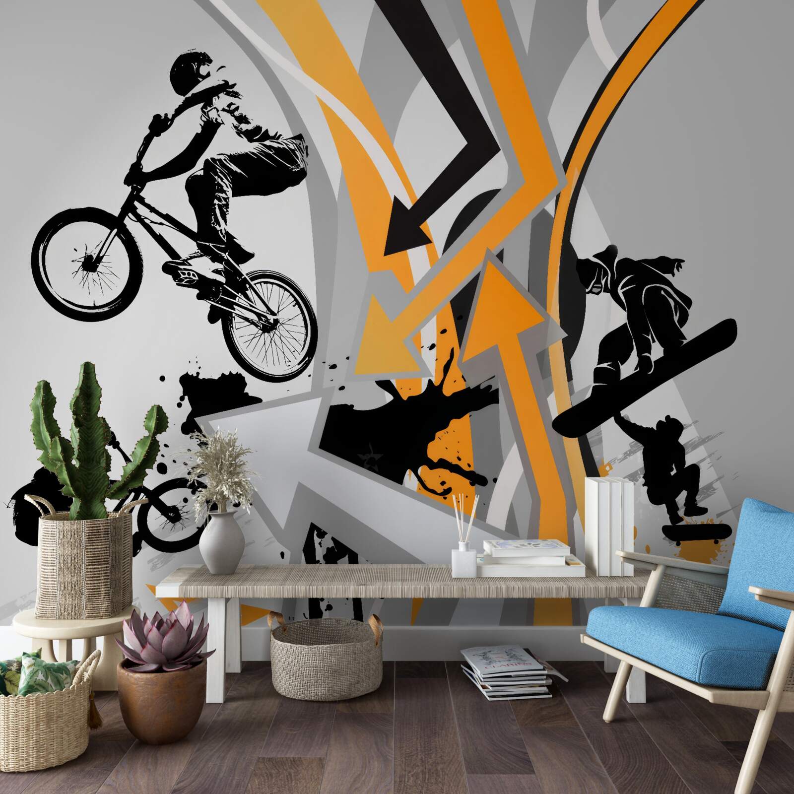 Fotobehang jongeren fietsen en skateboarden