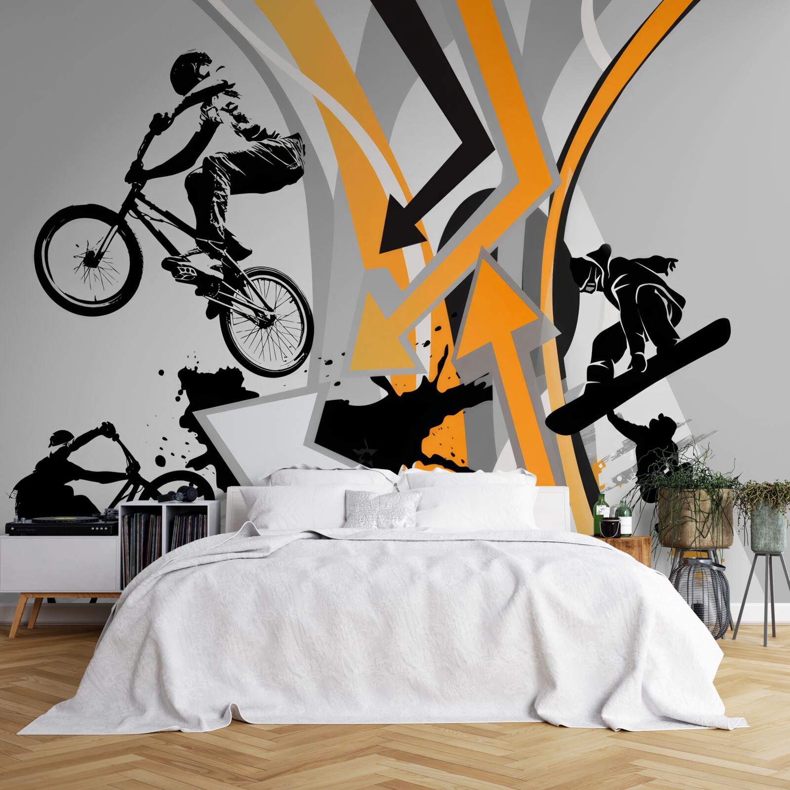 Fotobehang jongeren fietsen en skateboarden