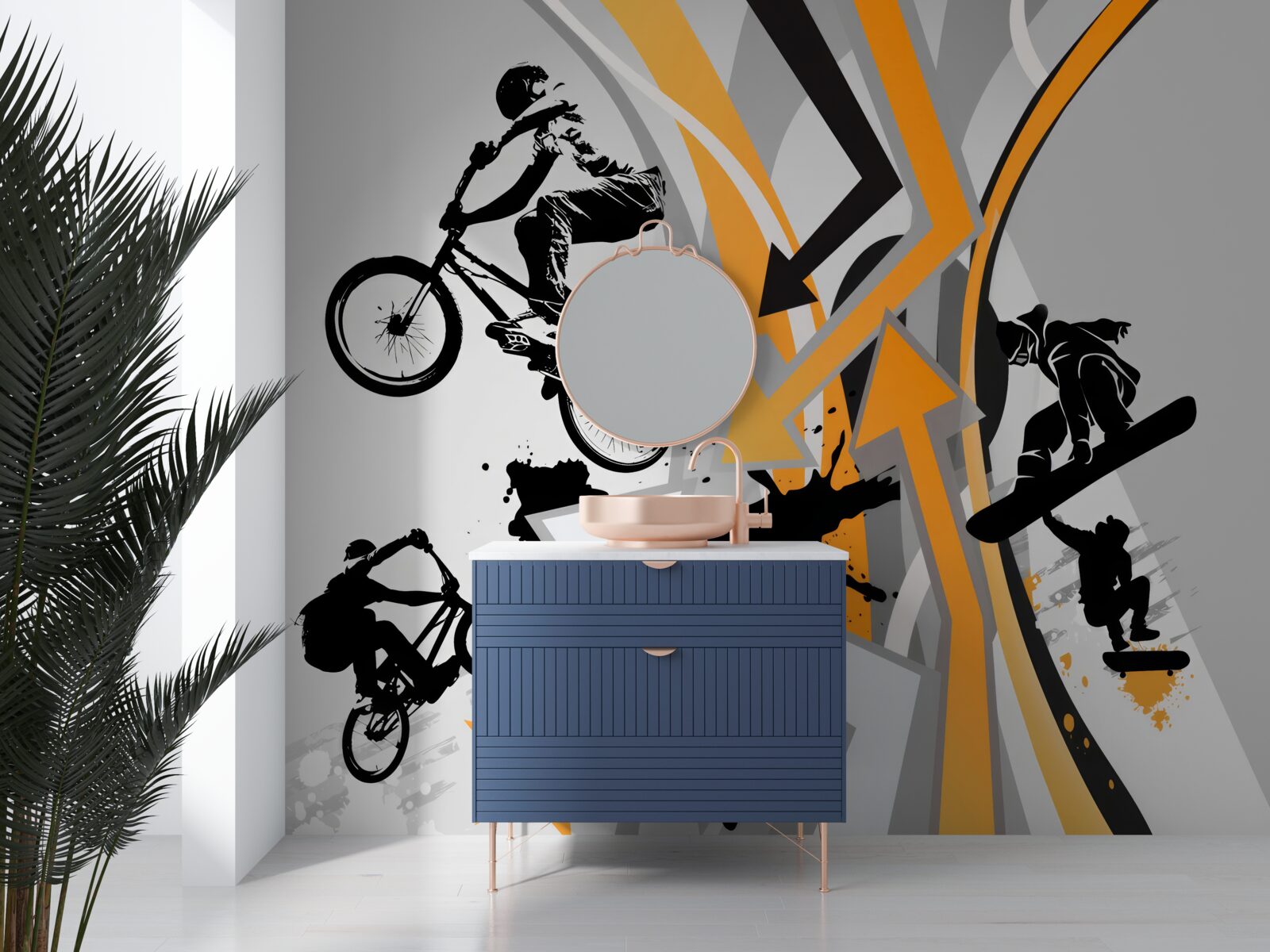 Fotobehang jongeren fietsen en skateboarden