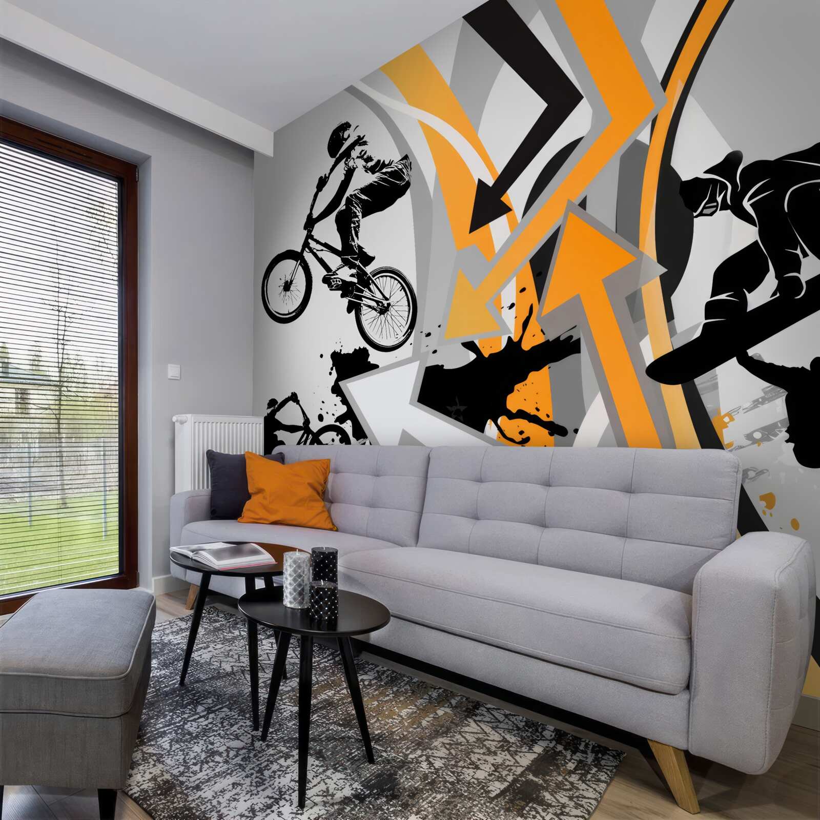 Fotobehang jongeren fietsen en skateboarden