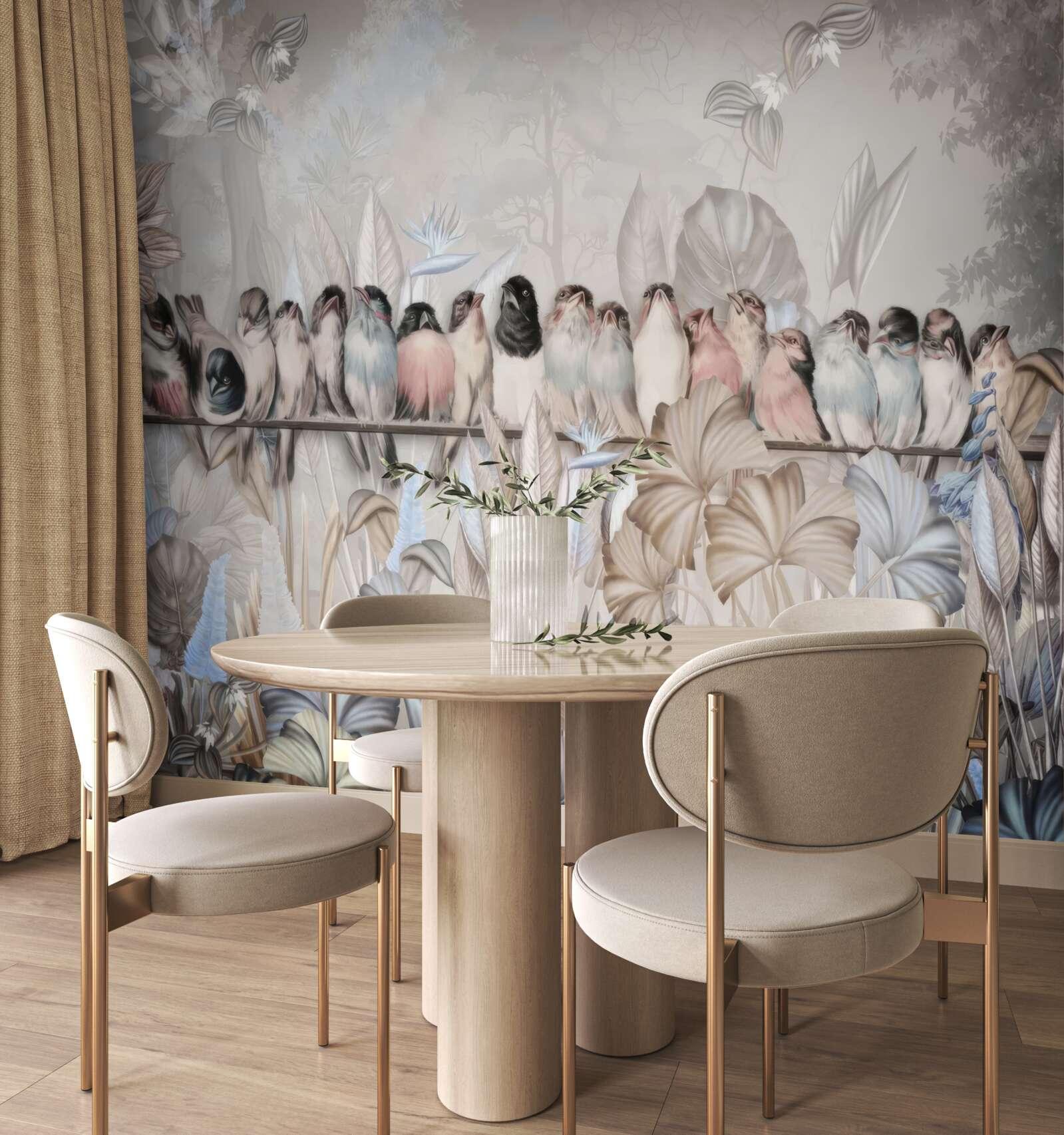 Fotobehang veel vogels zitten op een stok