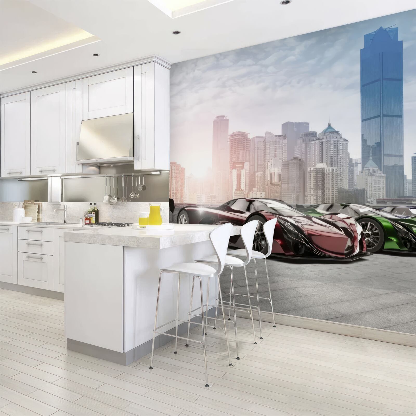 Fotobehang drie sportwagens tegen de achtergrond van een grote stad