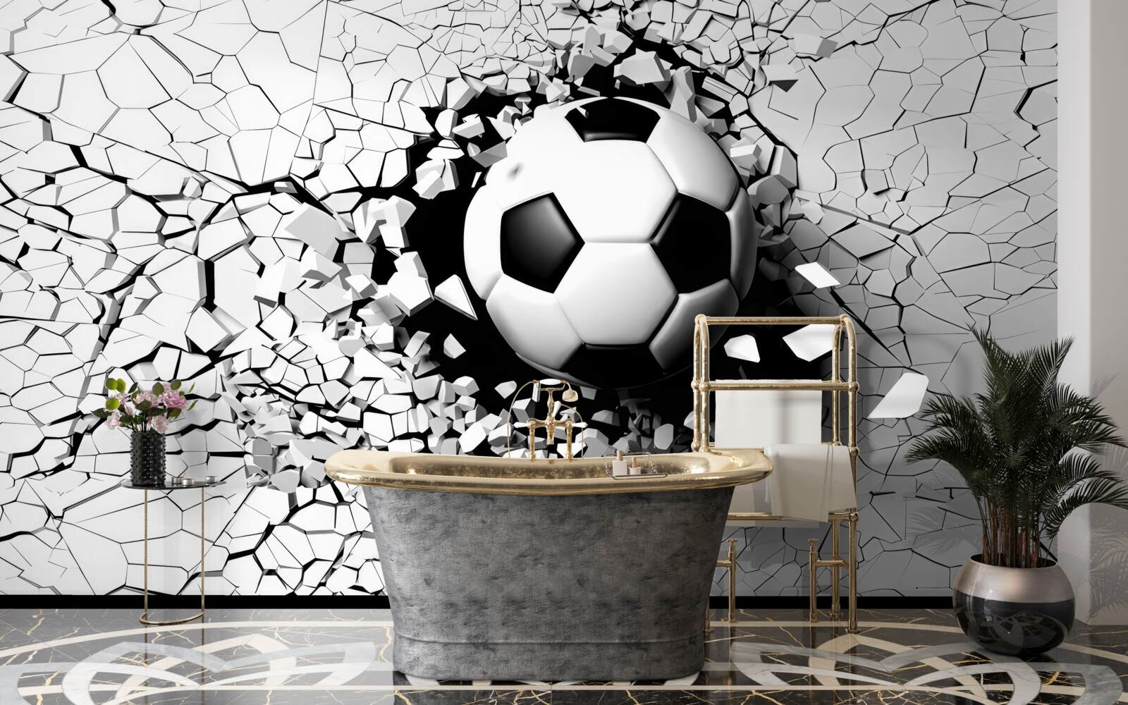 Fotobehang voetbal vliegt door de barrière