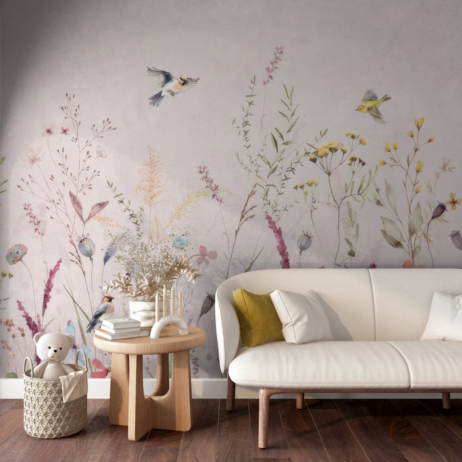 Fotobehang bloemen en vogels