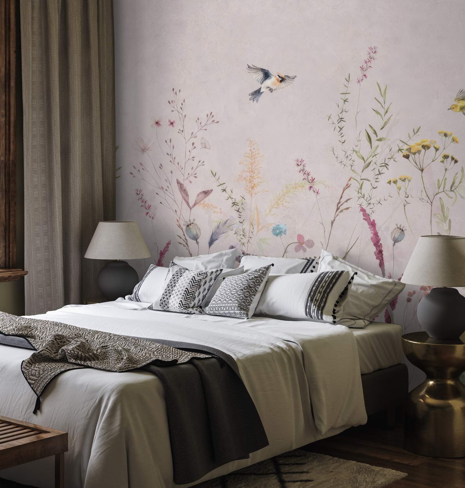 Fotobehang bloemen en vogels