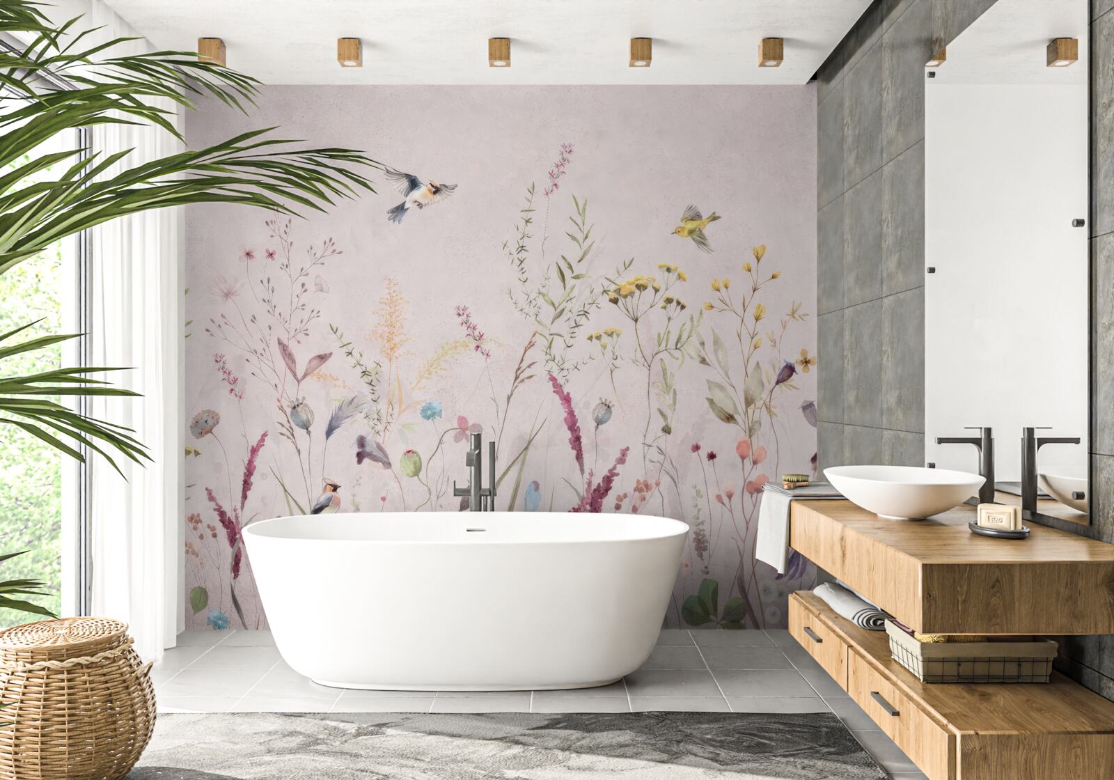 Fotobehang bloemen en vogels