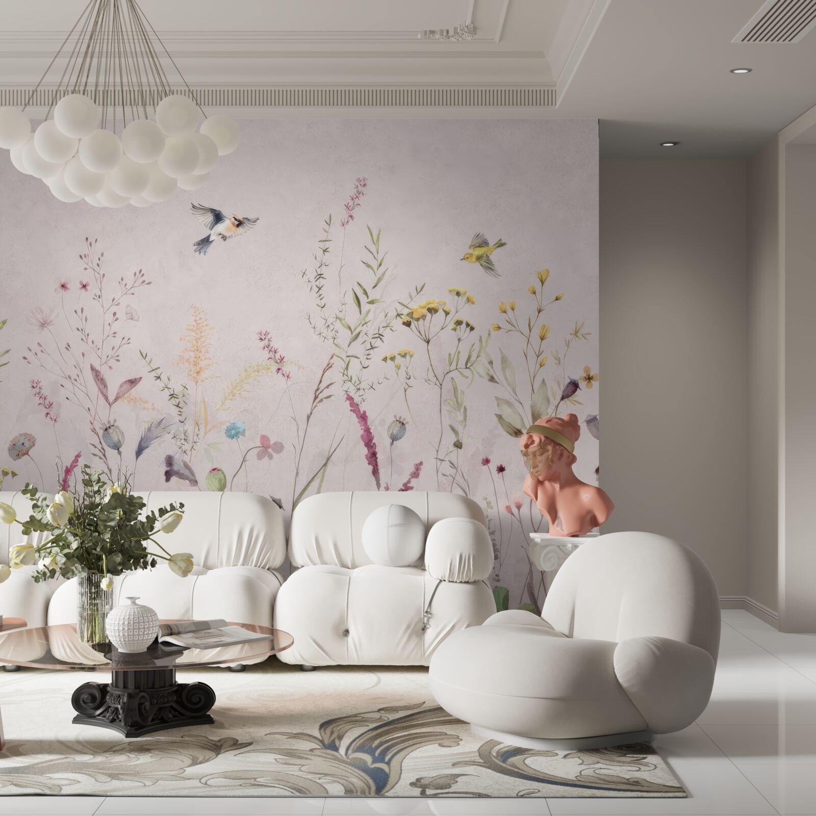 Fotobehang bloemen en vogels