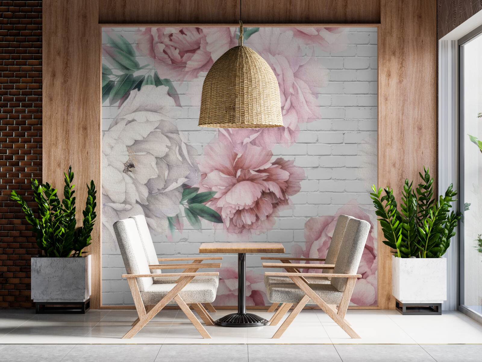 Fotobehang pioenrozen in roze en witte bloemen