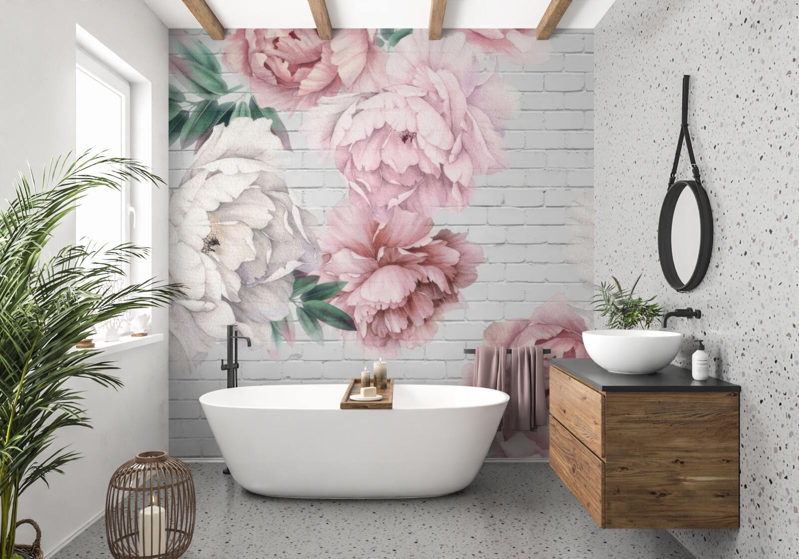 Fotobehang pioenrozen in roze en witte bloemen