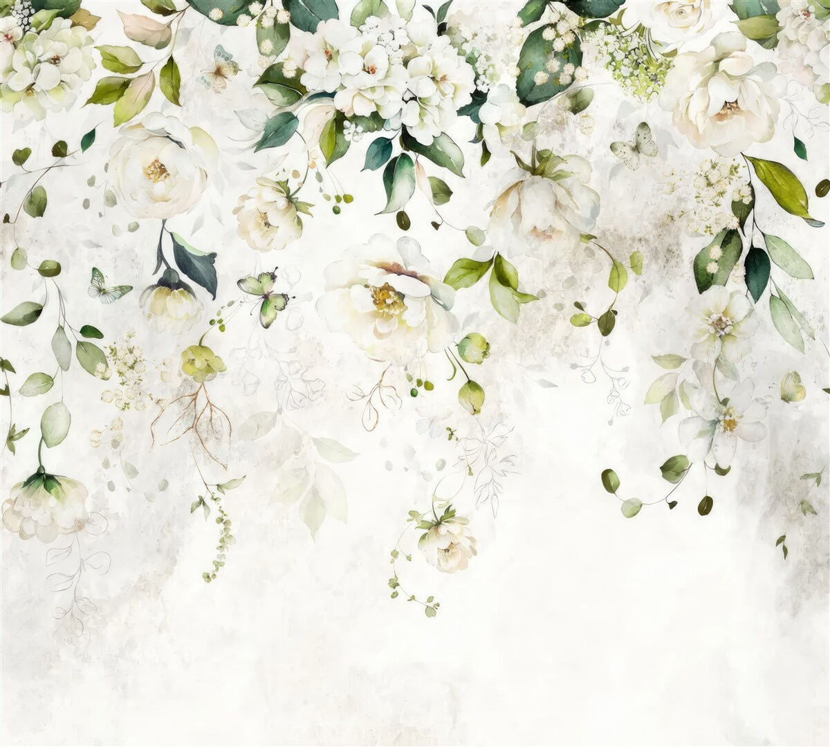 Fotobehang takken versierd met witte bloemen hangen