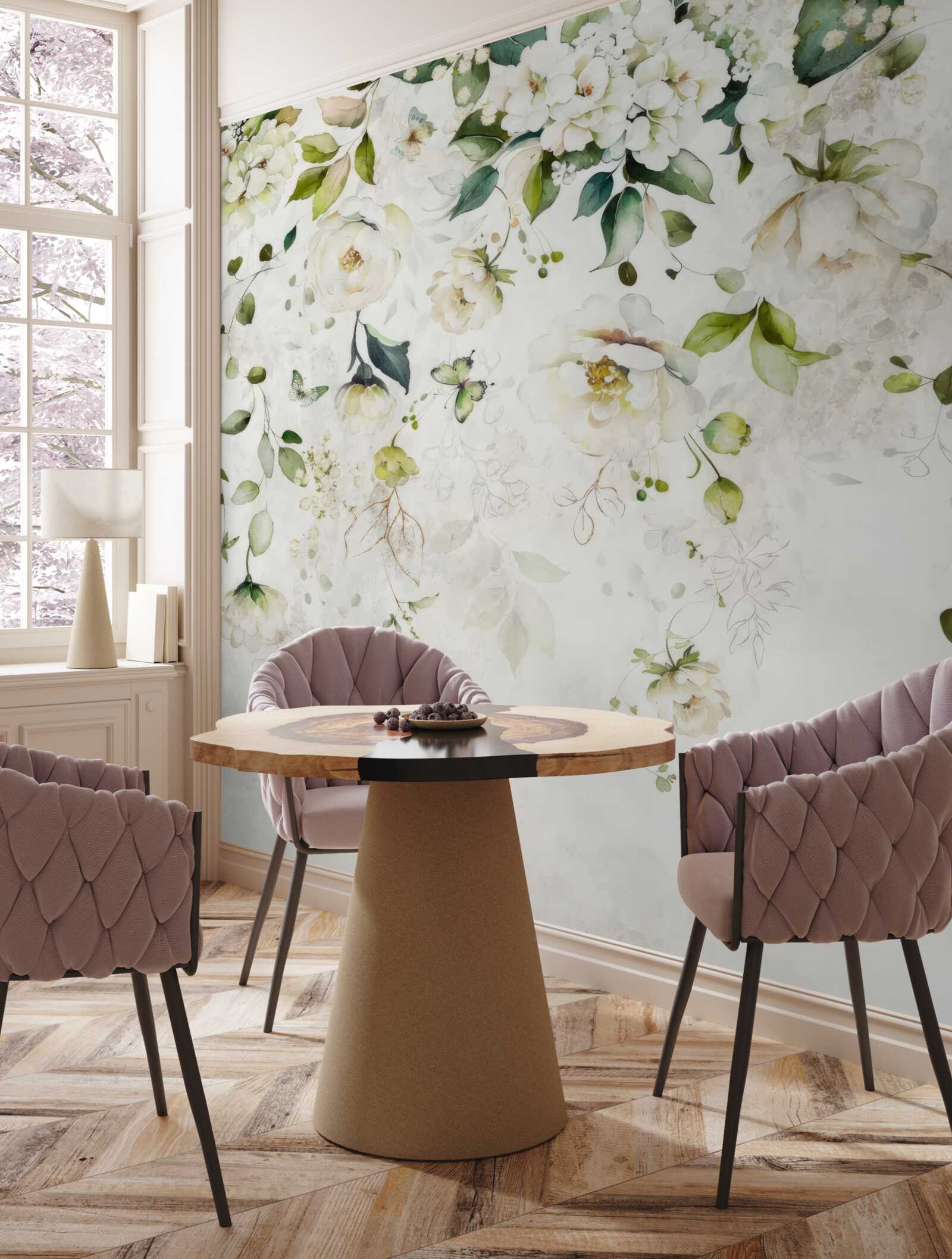 Fotobehang takken versierd met witte bloemen hangen