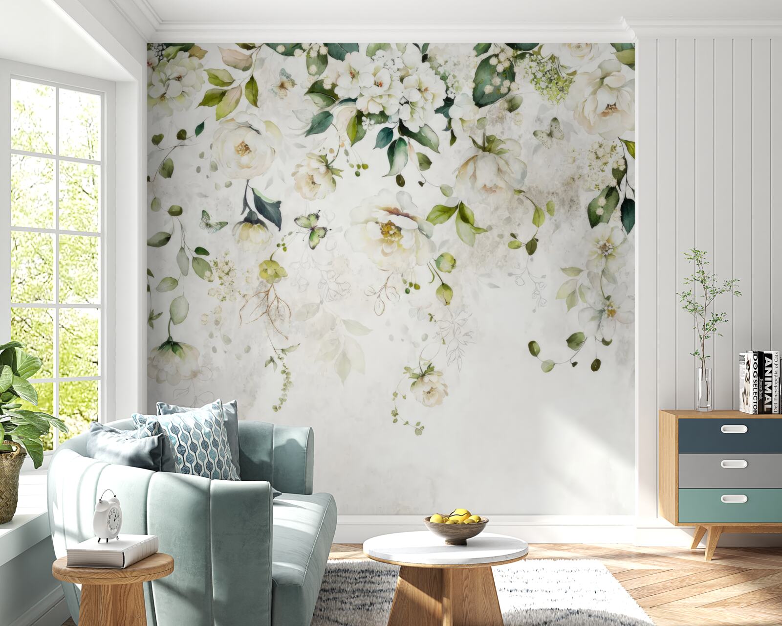 Fotobehang takken versierd met witte bloemen hangen