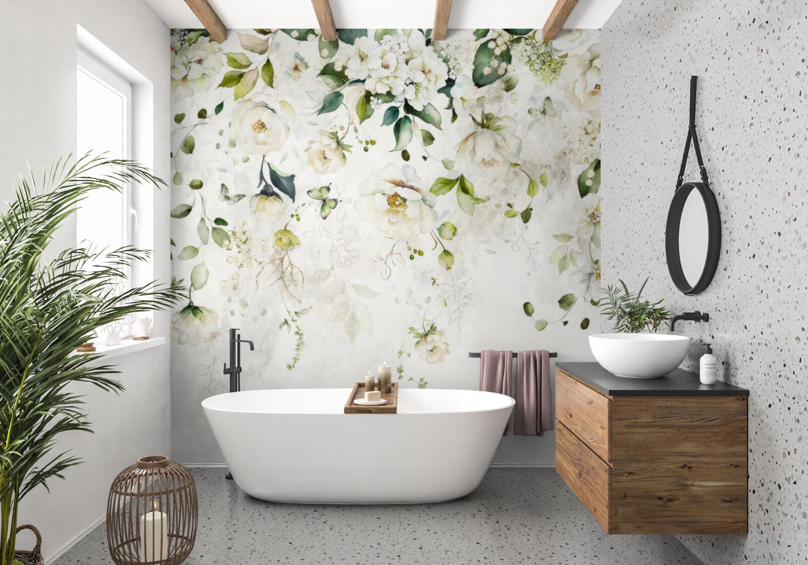 Fotobehang takken versierd met witte bloemen hangen