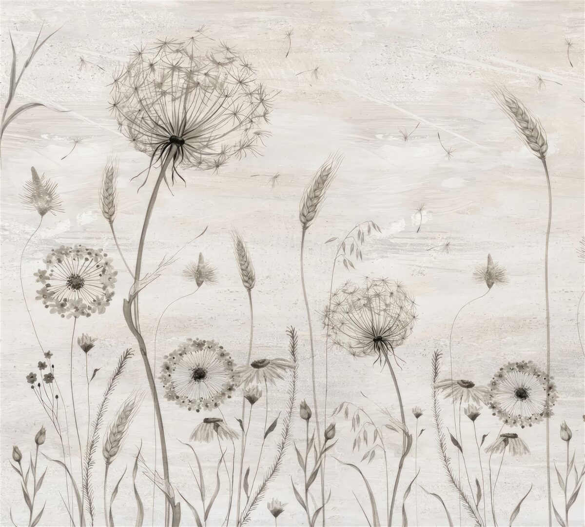 Fotobehang illustratie paardenbloem en tarwearen