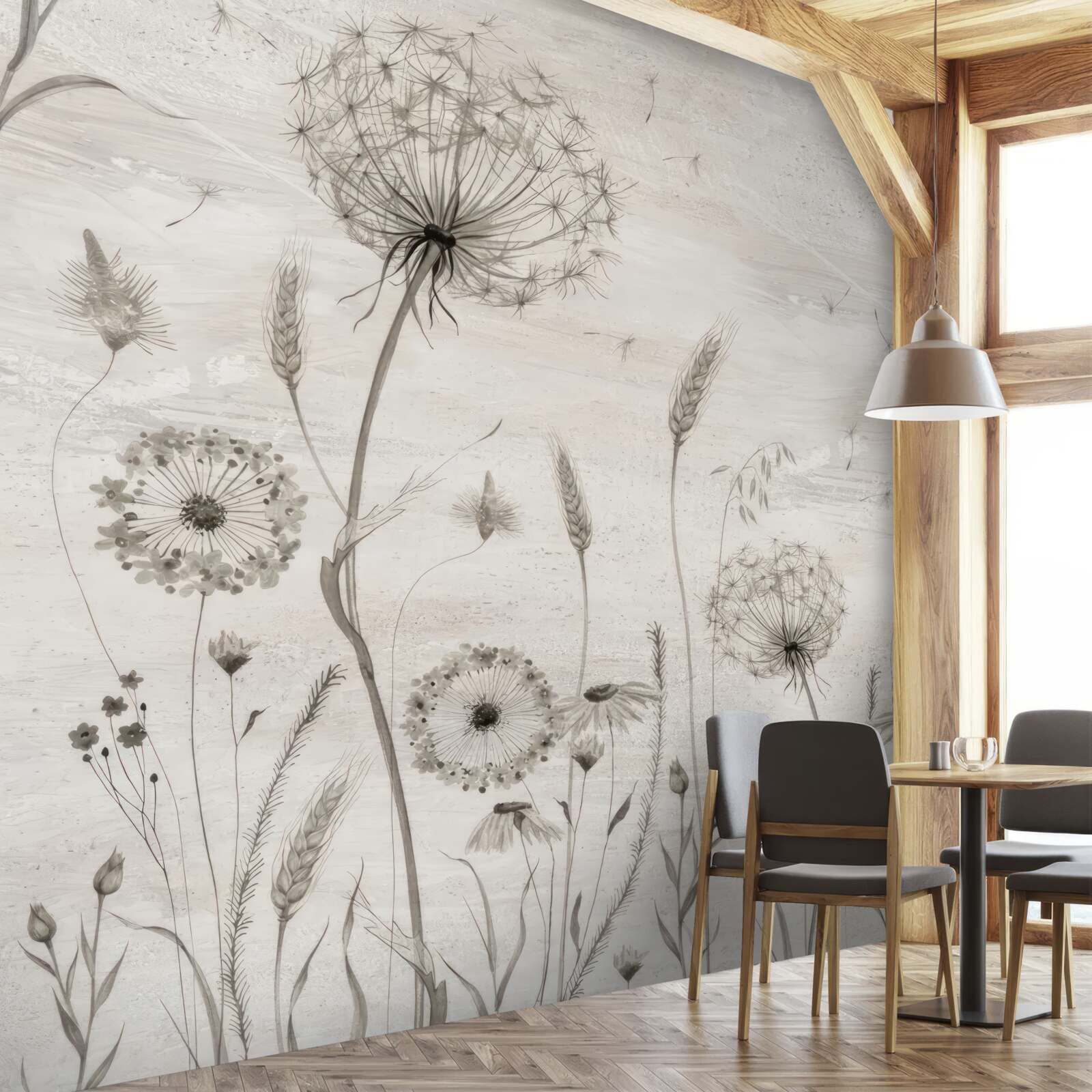 Fotobehang illustratie paardenbloem en tarwearen