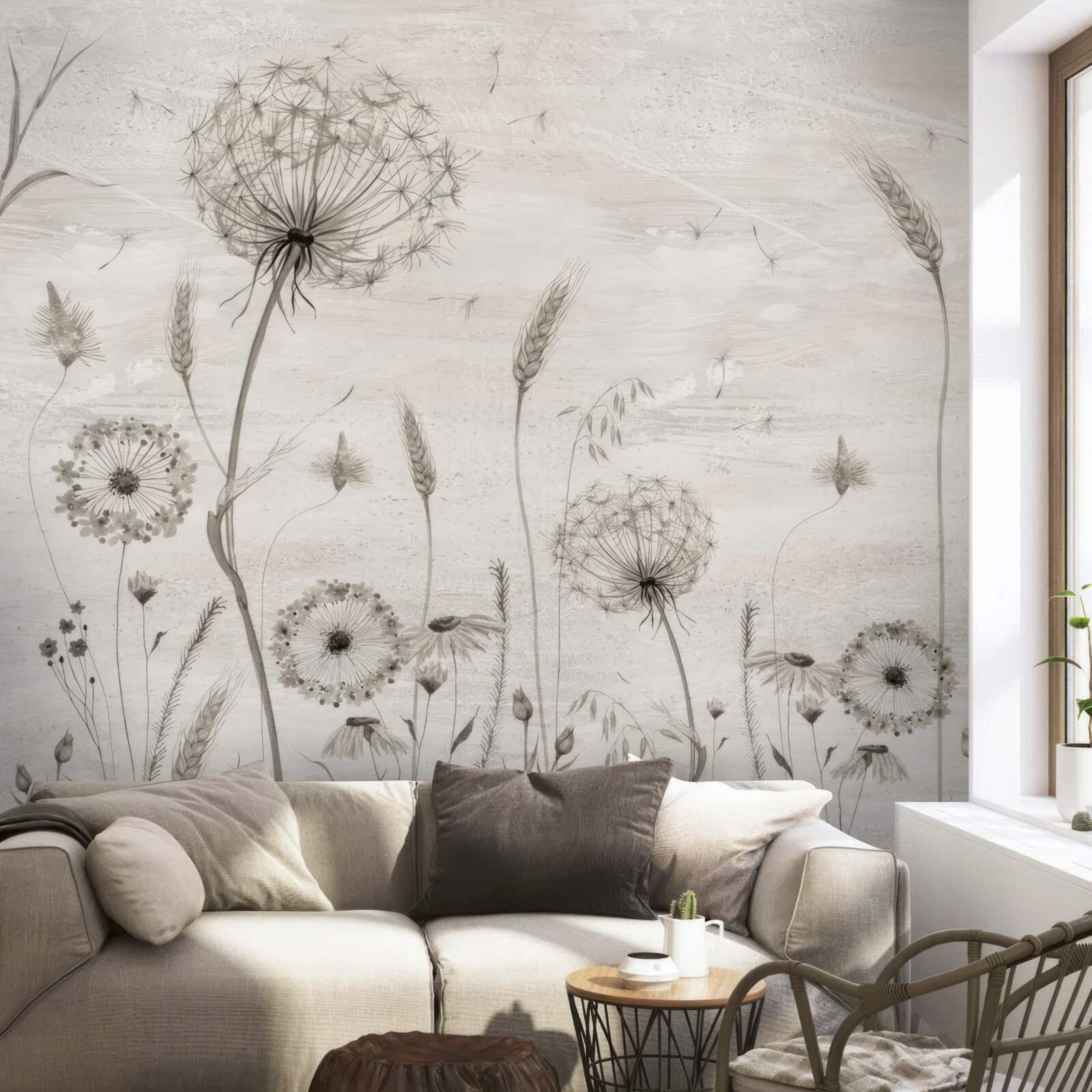 Fotobehang illustratie paardenbloem en tarwearen